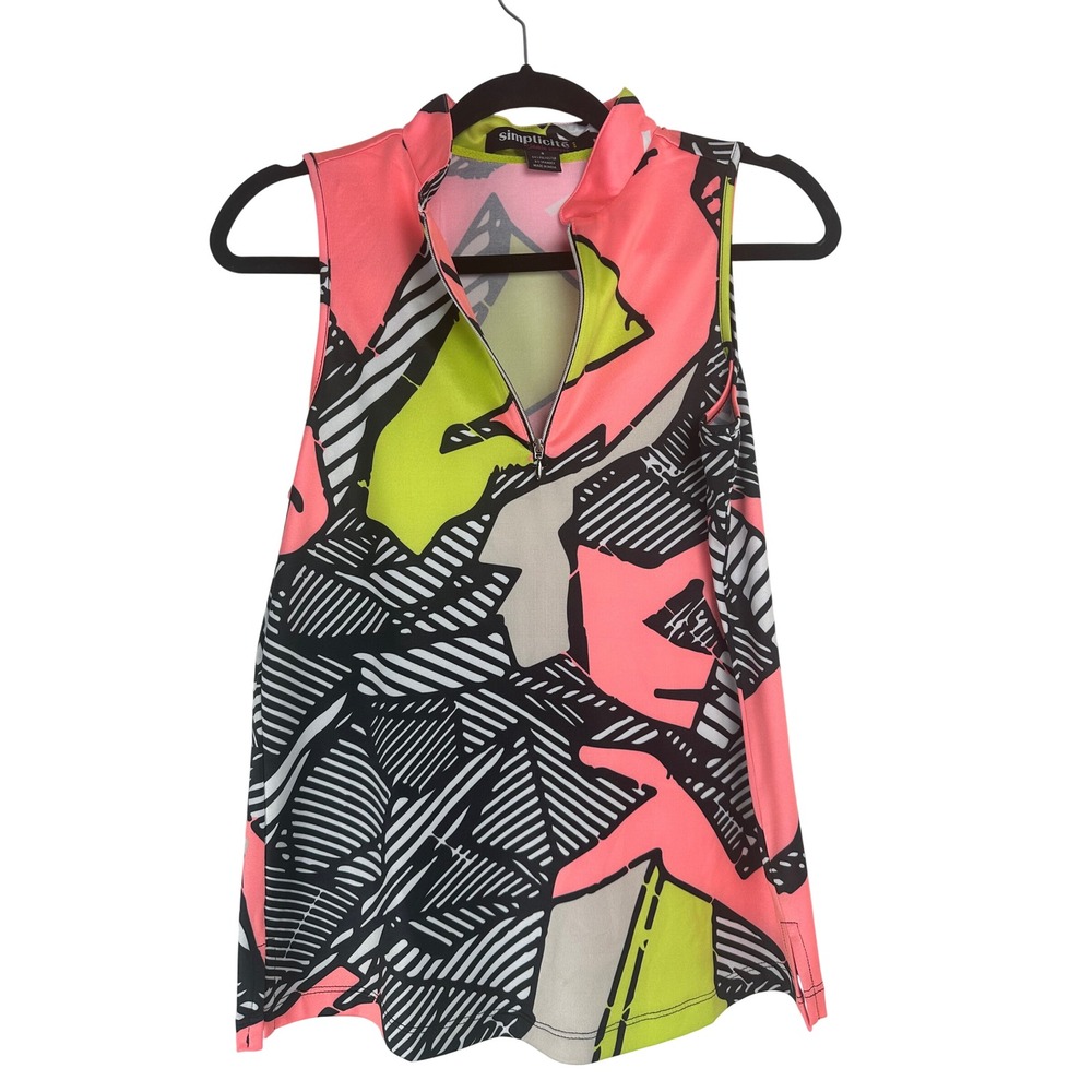 Simplicite Jamie Sadock Small Neon Pink Black Abstract Quarter Zip Golf Top